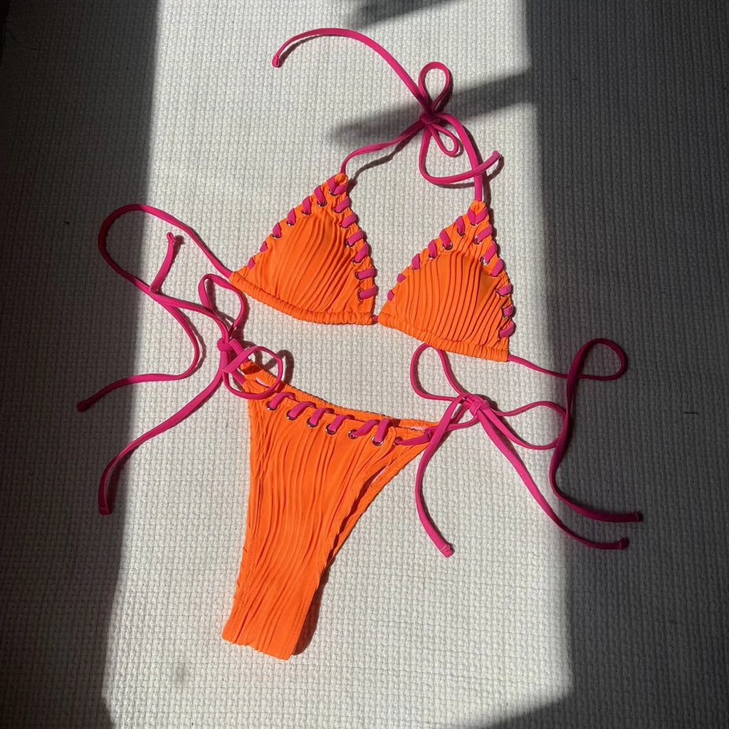 8 Colors Halter Ribbed High Leg Cut Bikini Female Swimsuit Women Swimwear Two-pieces Bikini set Bather Bathing Suit Swim V5541Y