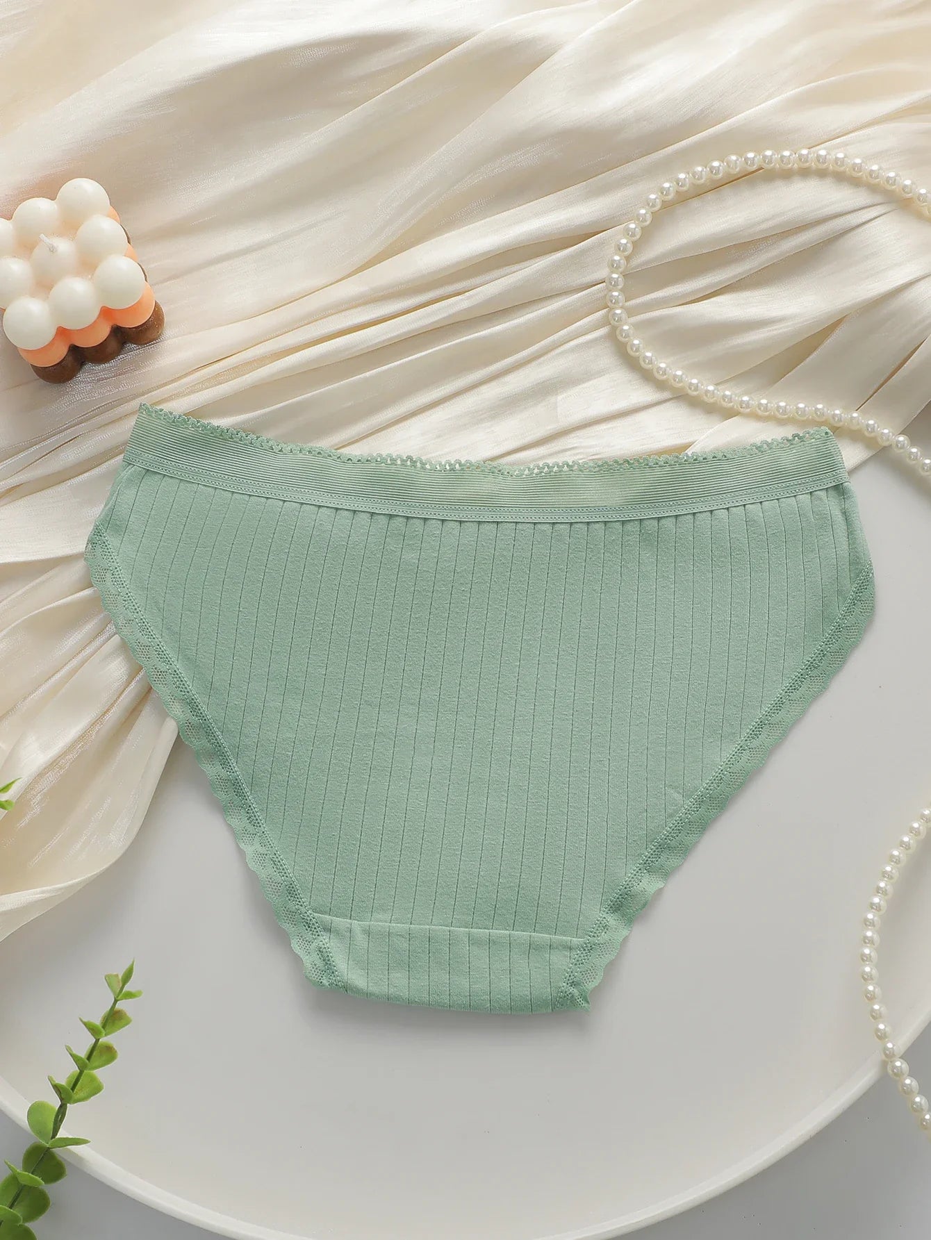 Women Ribbed Cotton Briefs Lace Trim Mid Waist Panties Soft Breathable Rhinestone Star Decor Ladies Daily Basic Underwear W134
