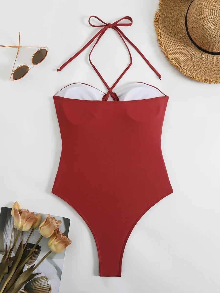 2026 Strappy Printed One Piece Swimsuit Women Sexy Hollow Swimwear Female Solid Bathers Bathing Swimming Swim Suit Beachwear