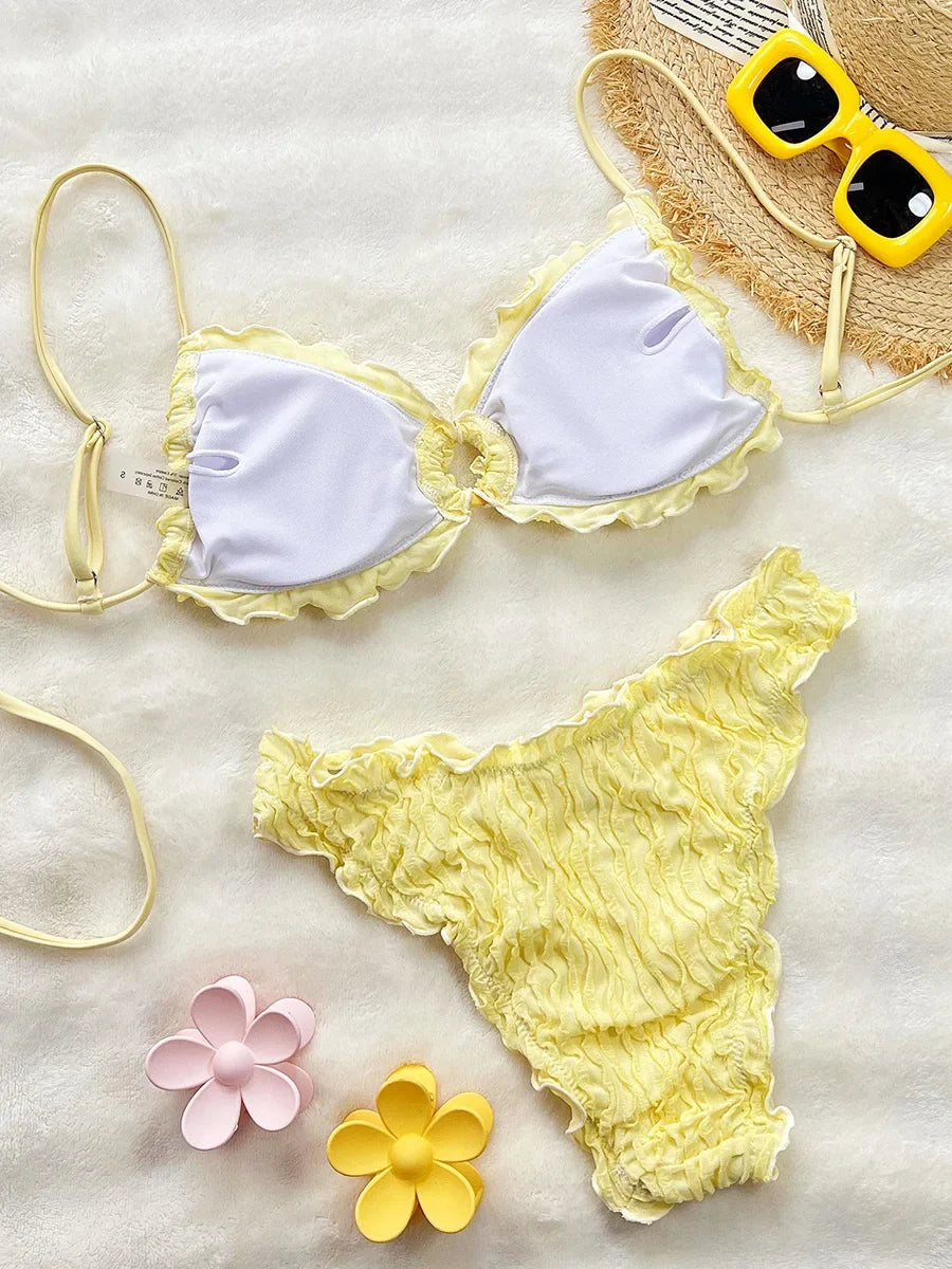 2026 Wrinkled Ruffled Frilled Bikini Female Swimsuit Women Swimwear Two-pieces Bikini Set Bather Bathing Suit Swim Beachwear