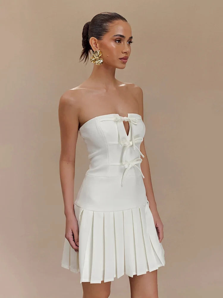 Bowknot Off Shoulder Strapless Party Short Dress for Women 2025 Elegent Lady White Pleated Mini Vestidos Female Backless Dress