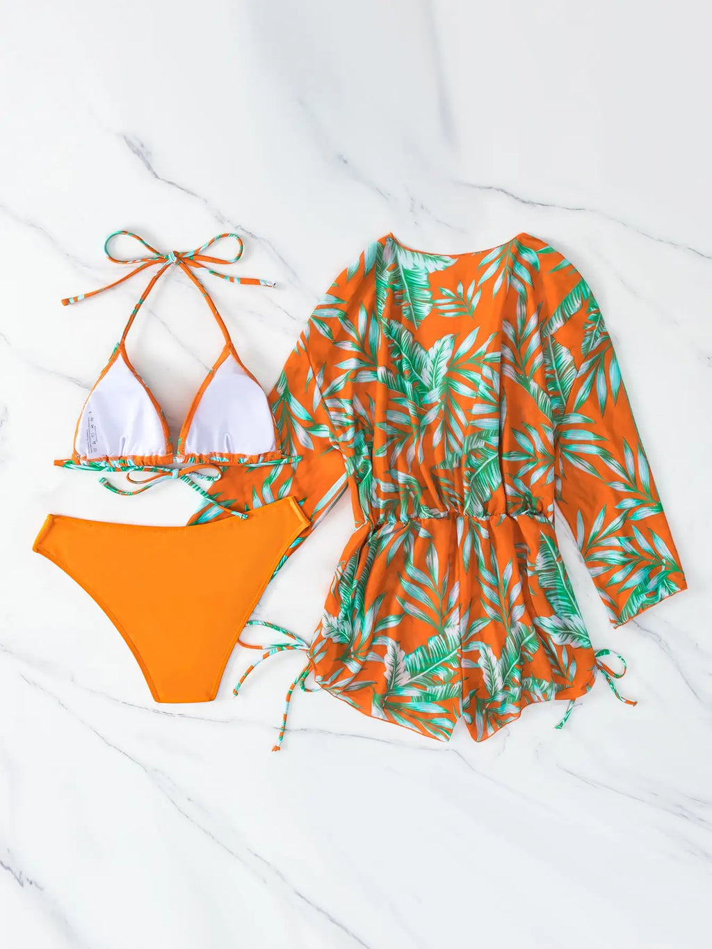 3 Pieces Bikini Tropical Print Swimsuit Halter Drawstring Side Swimwear Women 2026 Bathing Suit Female Swimming Summer Beachwear