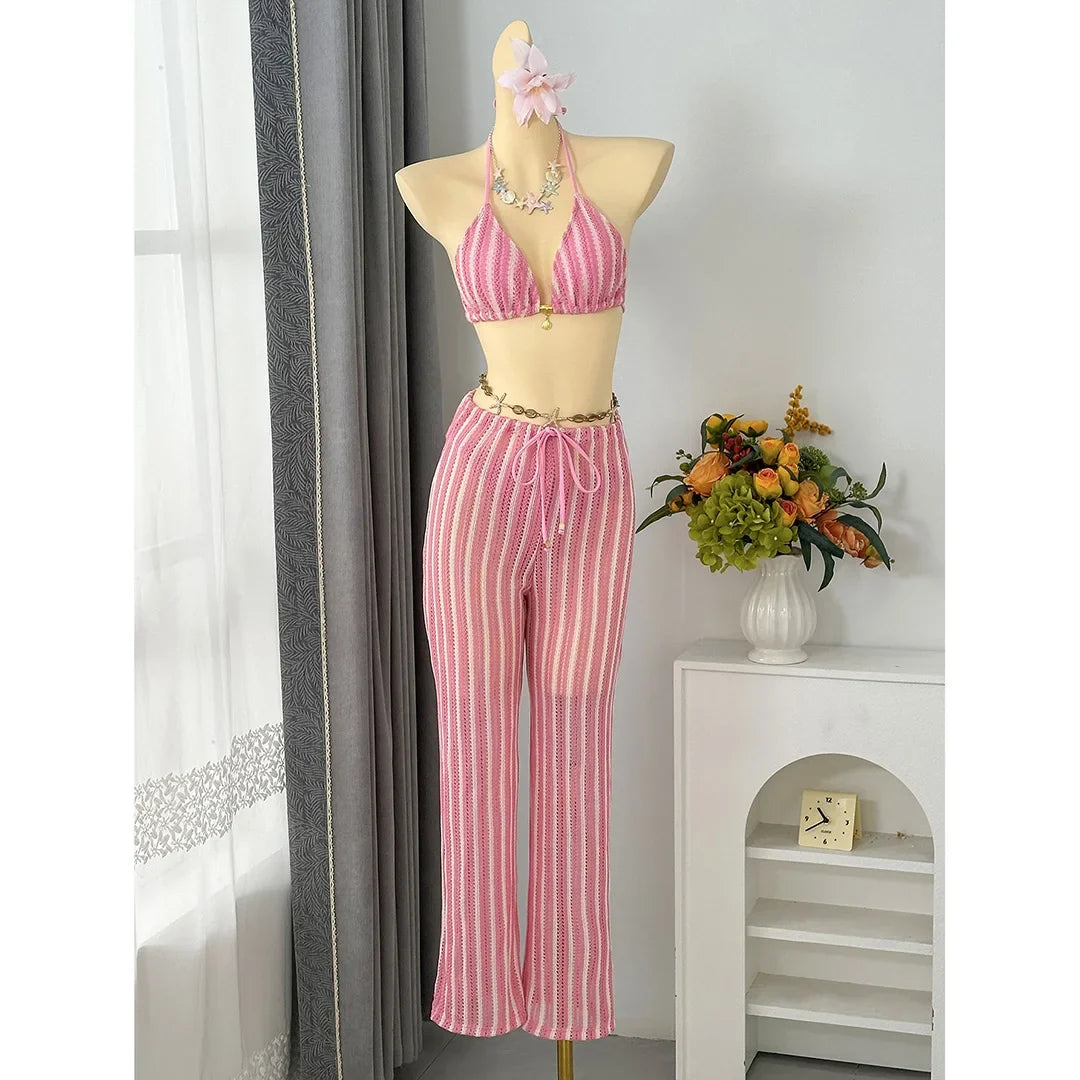 With Pants Striped Halter Bikini Female Swimsuit Women Swimwear Three-Pieces Bikini Set Brazilian Bather Bathing Suit Swim V7838