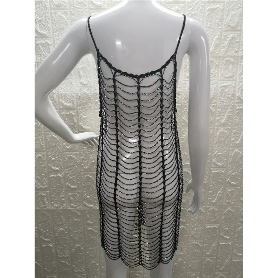 Luxury Bling Diamond Rhinestones Hollow Out Tunic Beach Cover Up Cover-ups Beach Dress Beach Wear Beachwear Female Women V4747SW