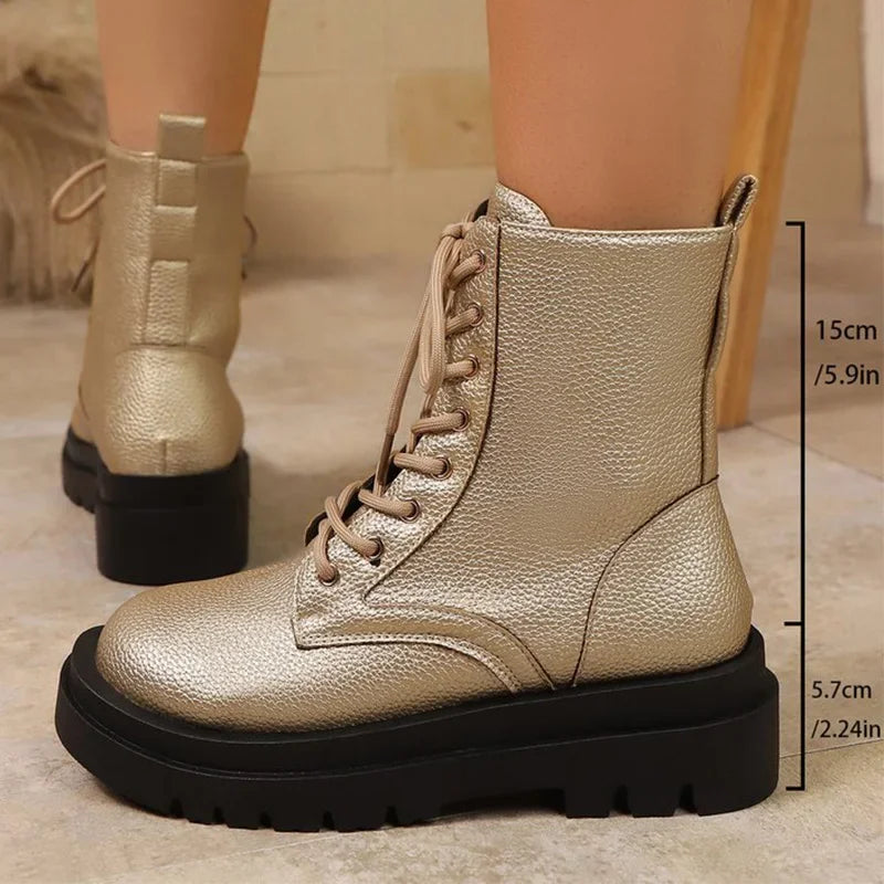 Golden Lace Up Ankle Boots Women Pu Leather Wedges Boots for Woman Spring Autumn Thick Bottom Plus Size 36-43 Booties Female