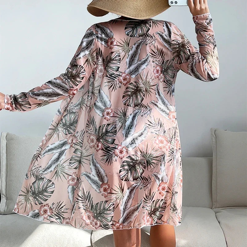 New Women's 3 Pieces Swimsuit Allover Print Tankini+Long Gauze Coat Cover-Up Swimwear High Waist Shorts Bathing Suit Beachwear