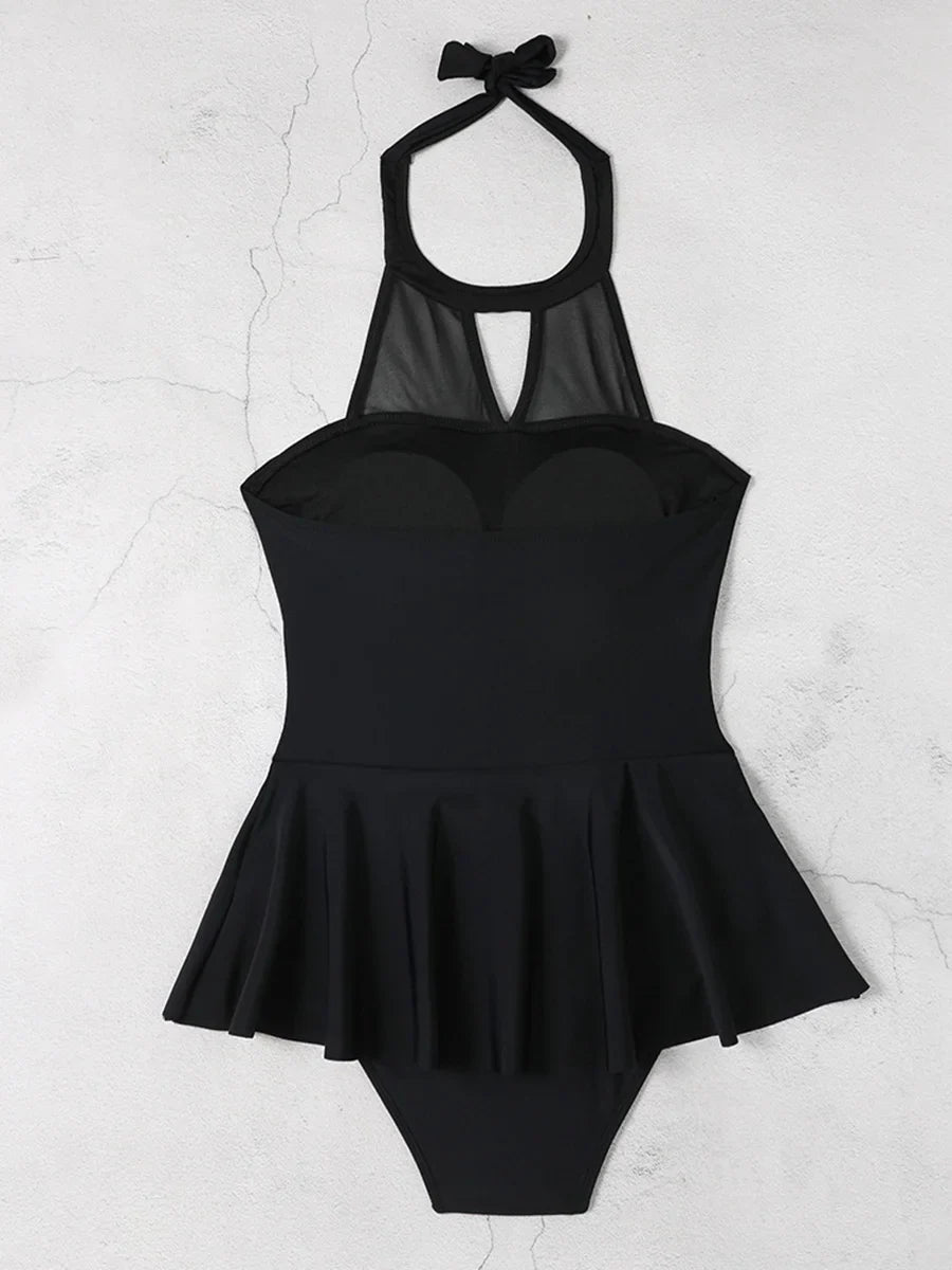 2026 Halter String Solid Swimsuit One Piece Sexy Black MeshSwimwear Women Bathing Suit Female Swimming Summer Beachwear Bodysuit