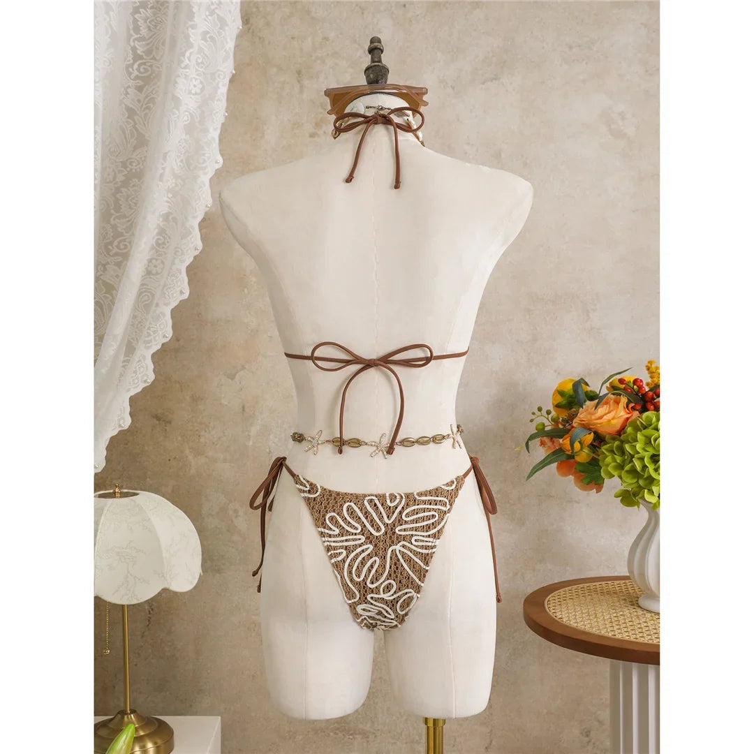 With Sarong Halter Printed Bikini Women Swimwear Female Swimsuit Padded Bather Bathing Suit Swim Three-pieces Bikini set K8073