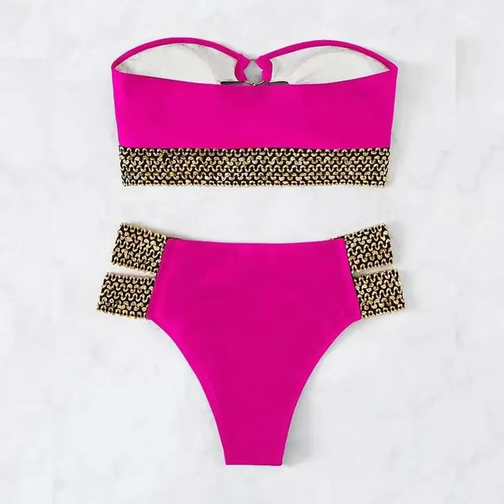 2Pcs/Set Women Bikini Set Ring Connection Off Shoulder Bathing Suit Elastic Waistband Backless High Cut Lady Beach Bikini Suit