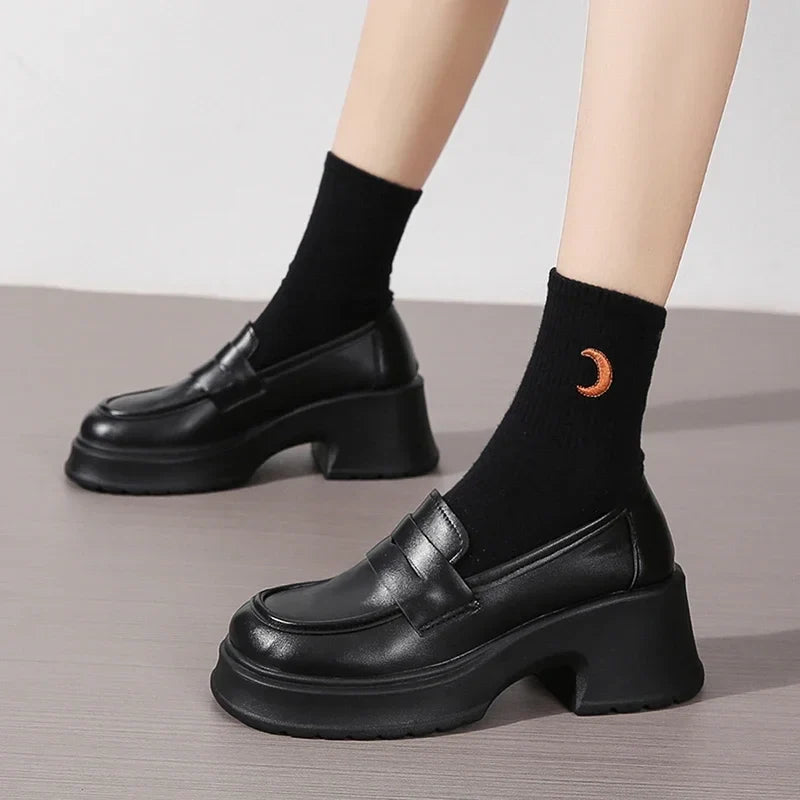Brown Pu Leather Platform Loafers for Women British Style Round Toe Thick Heel Pumps Woman Slip On High Heels Office Shoes Lady