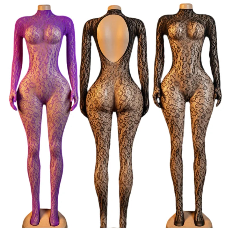 Hot Sexy Lingerie Erotic Crotchless Women Mesh Hollow Bodystockings Full Sleeve Leopard  Sling Hanging Neck Underwear Body Suits