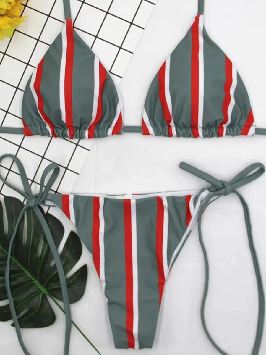 New Sexy Halter Striped Bikini 2025 Women Swimsuit Female Swimwear Two Pieces Bikini Set Brazilian Bather Bathing Suit Swim Lady