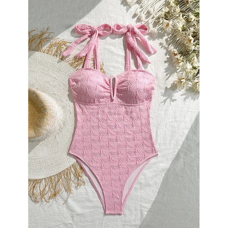 Vintage Pink Floral Print Swimwear Women 2026 Tie Strap V Neck Slim Tummy Control One Piece Swimsuit Beach Holiday Bathing Suits