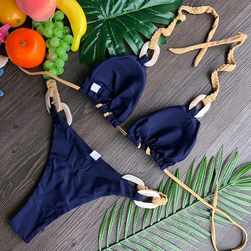 Splicing Halter Knitted Bikini Women Swimwear Female Swimsuit Two-pieces Bikini Set Brazilian Bather Bathing Suit Swim Beachwear