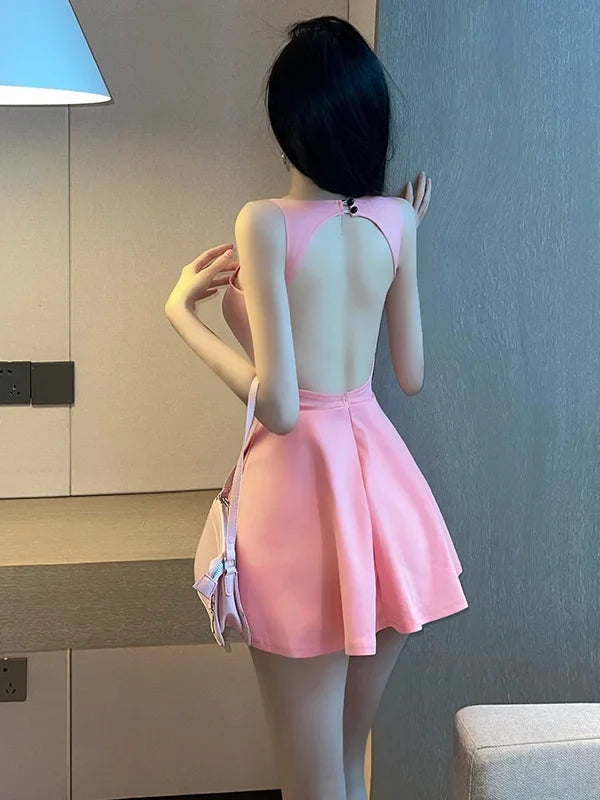 Women's 2023 Summer New Sexy Spicy Girl Fashion V-neck Sleeveless Backless Open Breast A-line Ultra Short Solid Sweet Dress 0U1N