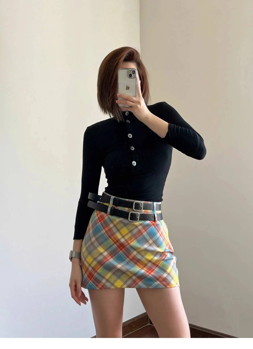 Plaid Double Waistband A-line Short Skirt  Women American Style Street High Waist Casual Collision Color Wrap Hip Skirt OJR7
