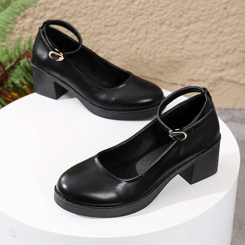 Black Thick Heeled Mary Jane Shoes Women Plus Size 42 Ankle Buckle Platform Pumps Woman Office Pu Leather High Heels Shoes Mujer