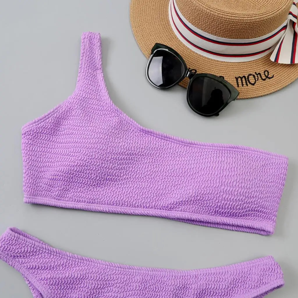 One Shoulder Bikinis 2026 Women Sexy Swimwear Female Brazilian Swimsuit Solid Beachwear Bathers Bathing Swimming Swim Suit