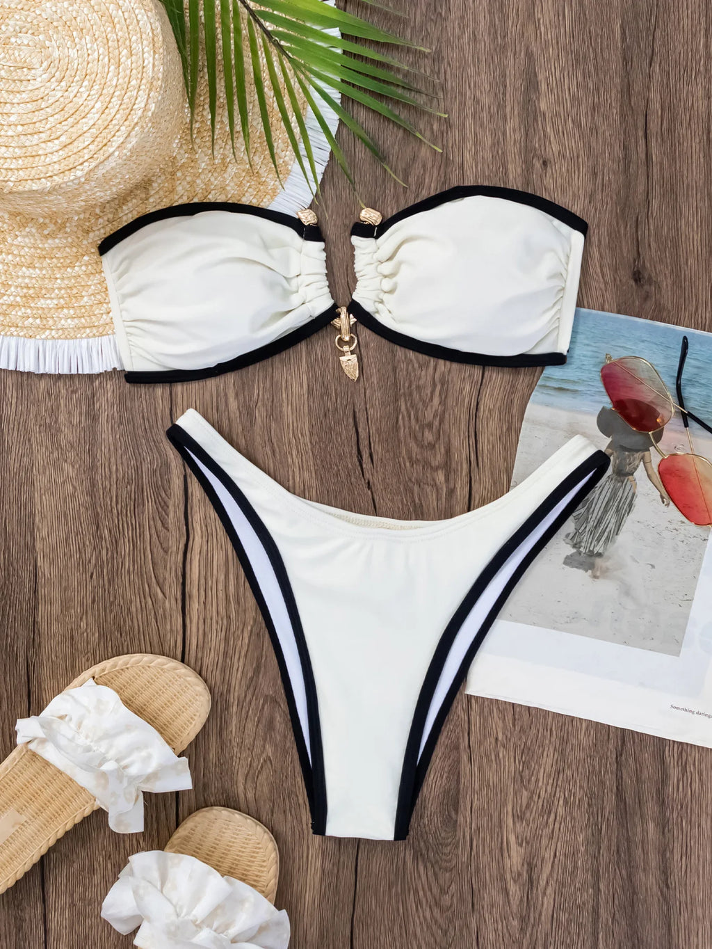 DEKA Solid BandeauU Ring Bikini High Waist Swimsuit Women Tie Side Shiny Metal Hardware Ring Bandeau Swimwear Padded Bra Top