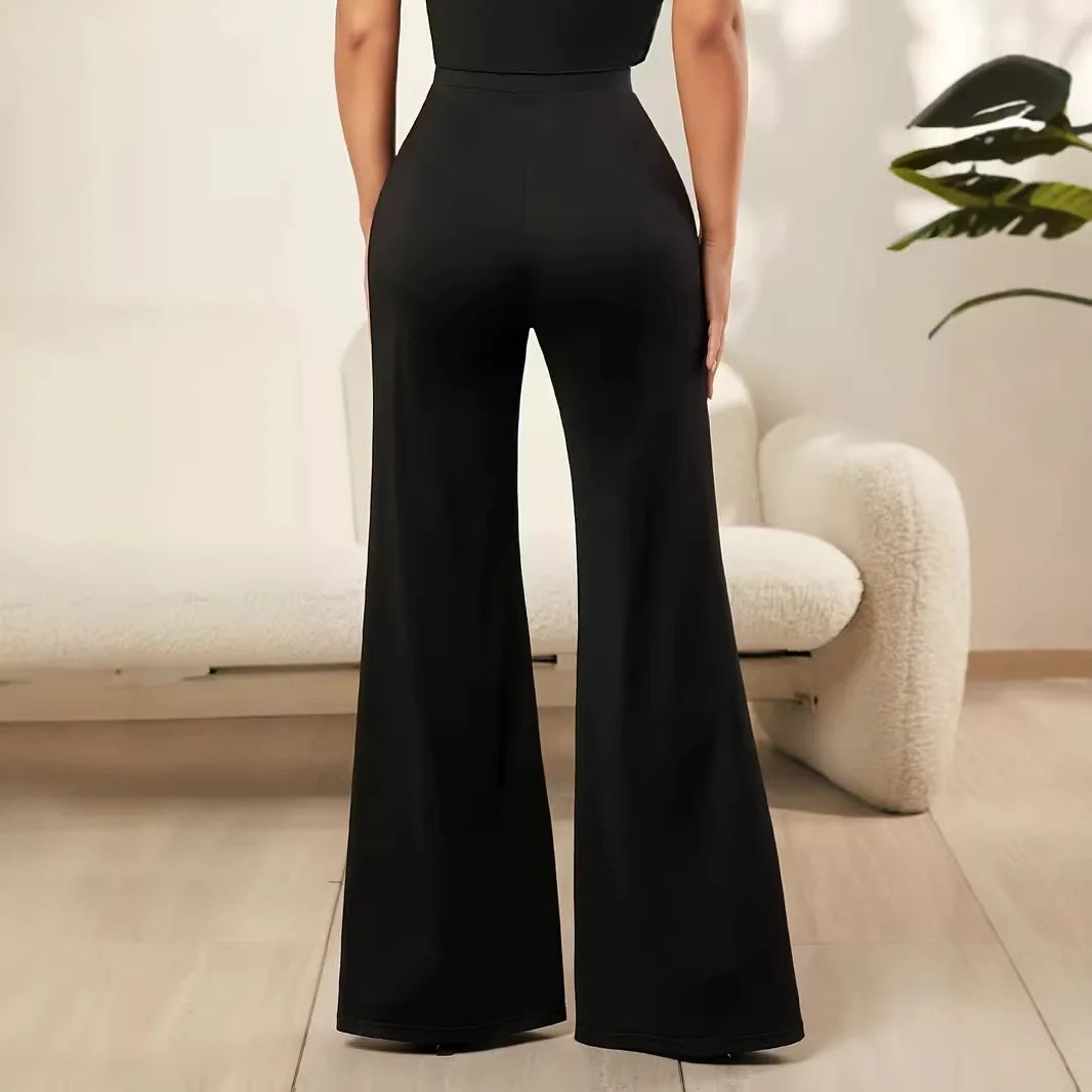 2026 Women's Solid Color Lace Spliced   Flare Pants Trousers