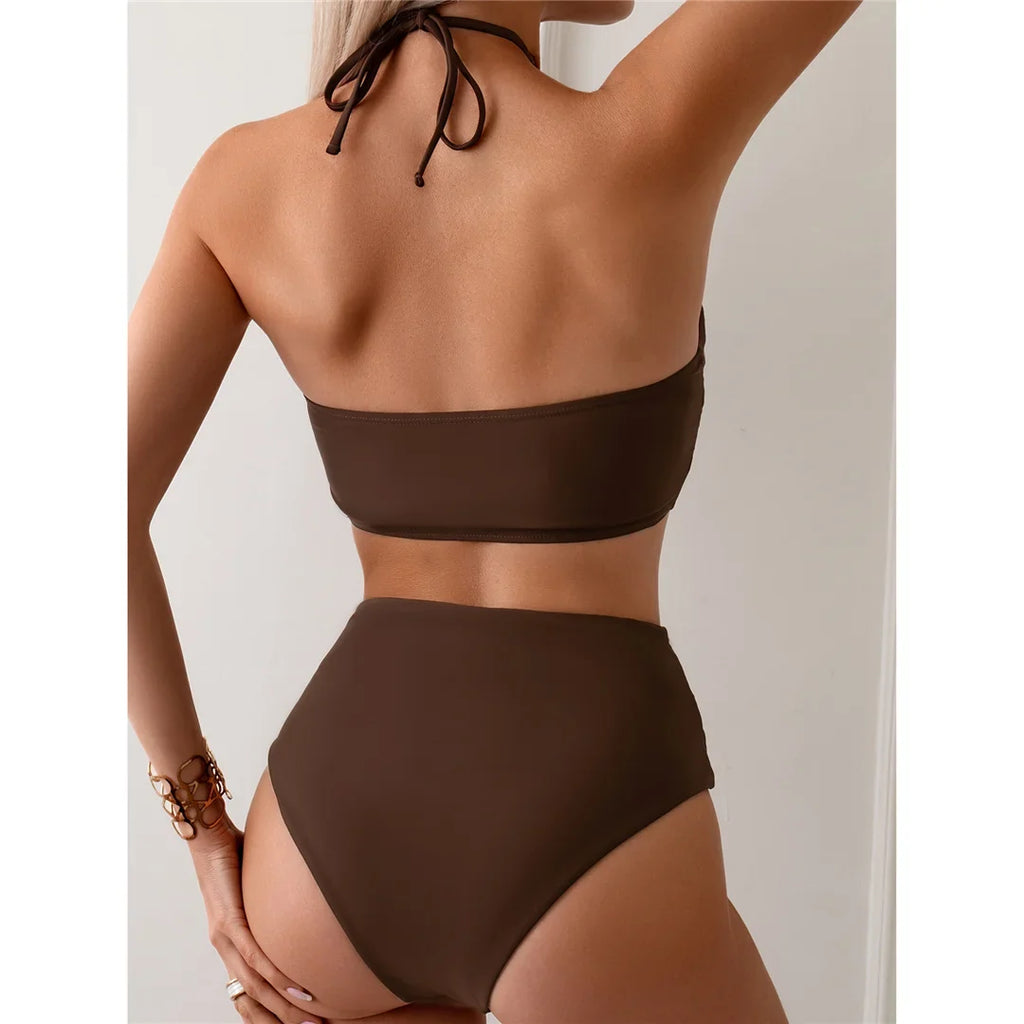 Halter Wrinkled High Neck Female Swimsuit High Waist Bikini Women Swimwear Two-pieces Bikini Set Bather Bathing Suit Swim V5616