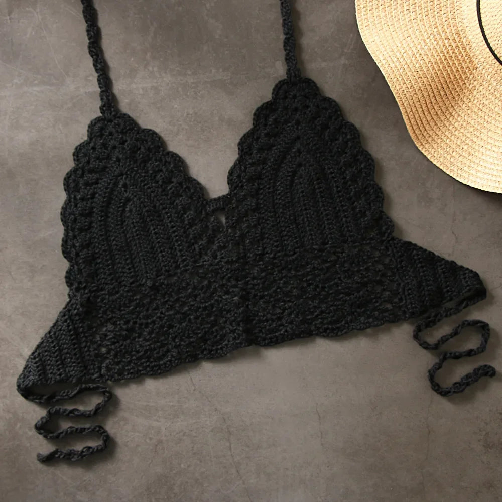 Sexy Crochet Crop Top Bikini Crop Top Women Crochet Boho Beach Camisoles Bikini Bralette Halter Cami Knitted Bra Backless