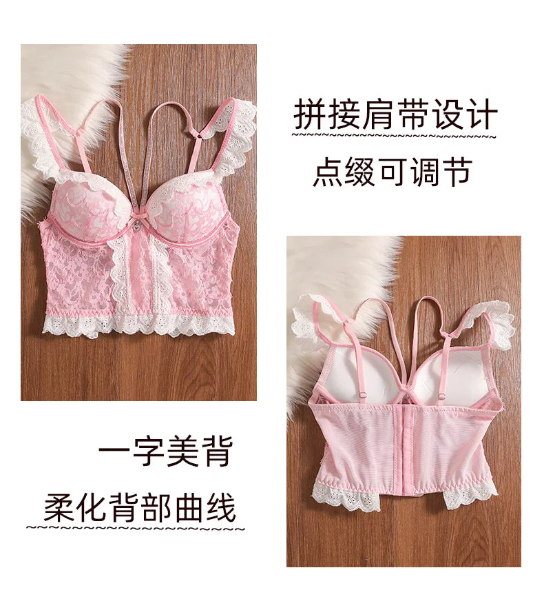 MOYISU Rhinestone Lace Corset Bra Set Pink Halter Bustier Slim-Fit Waist Trainer Sexy Lingerie for Women Party Wedding Outerwear