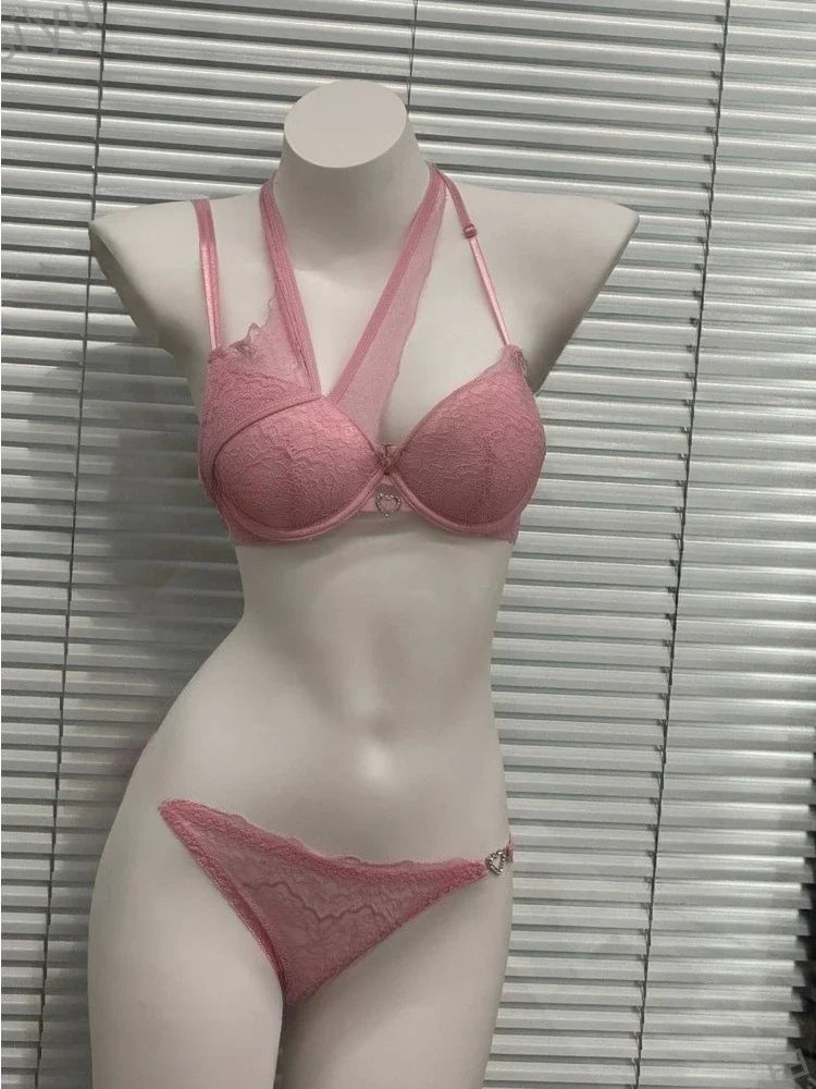 French Style Pure Desire Lingerie Set 3cm Thick Padded Cup Pink Diagonal Strap Nightclub Wear Sexy Bra Panty Set 32-38AB Canada