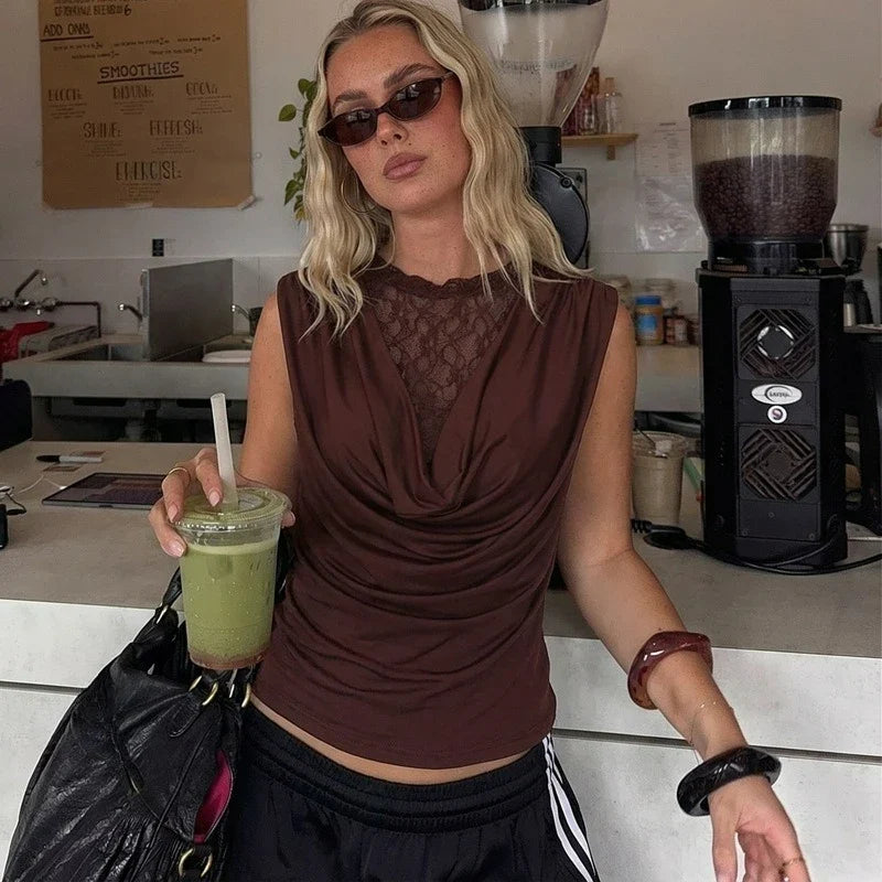 FDYOUI Elegant Lace Patchwork Tank Tops 2026 Summer See-through Sleeveless T-shirt Ladies Folds Slim Corset Crop Top High Street
