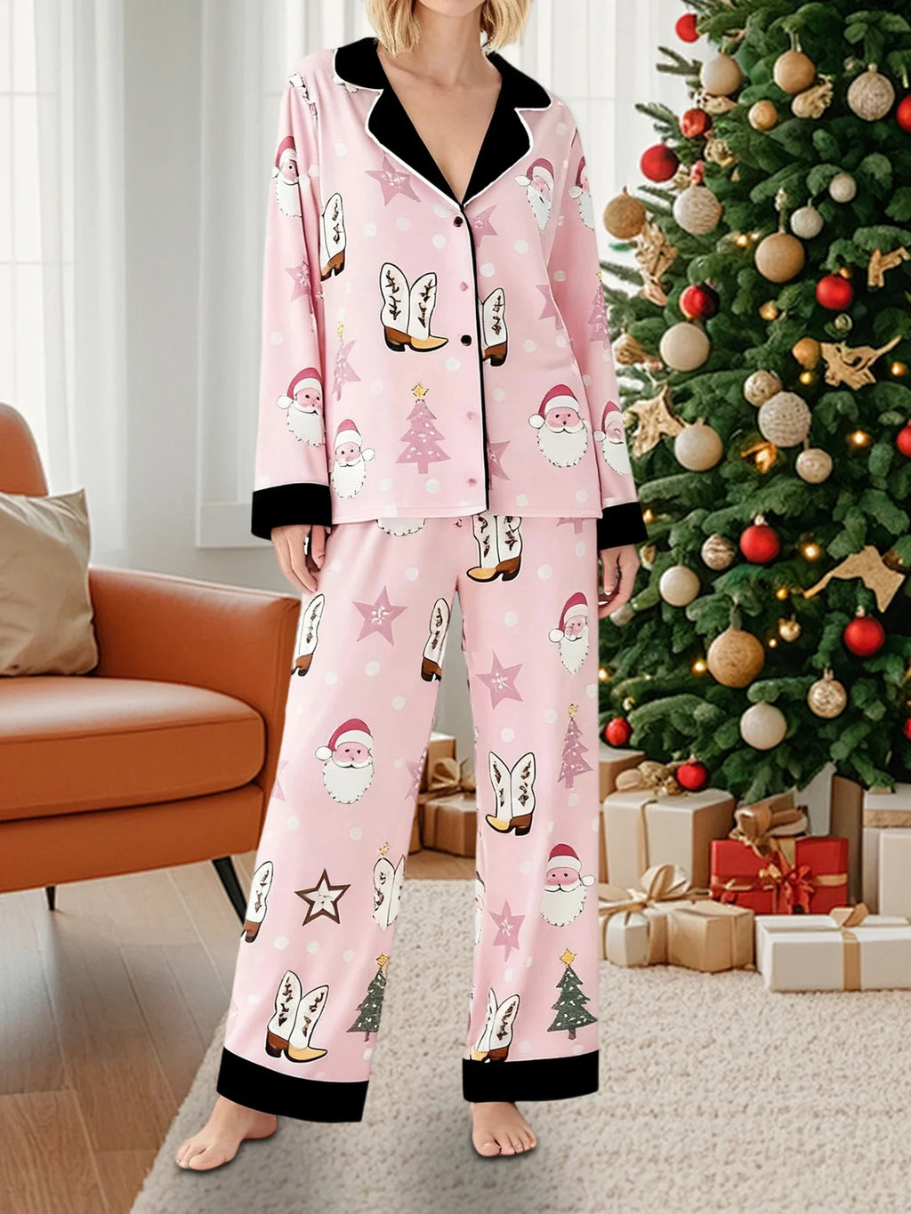 Women's Christmas Pajamas Set Long Sleeve V Neck Stocking Tree Print Tops and Pants Lounge Wear Two Pieces Suits