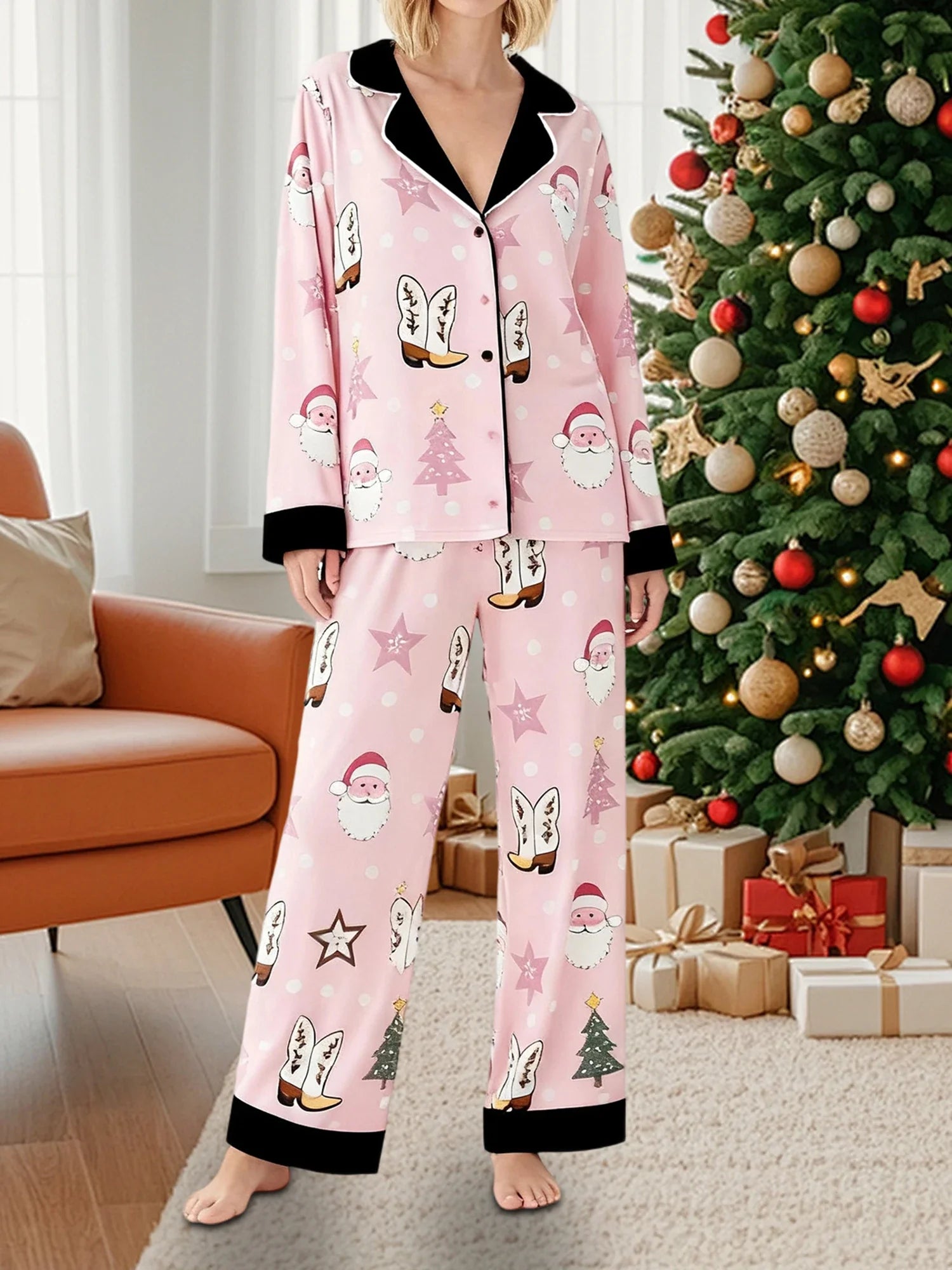 Women's Christmas Pajamas Set Long Sleeve V Neck Stocking Tree Print Tops and Pants Lounge Wear Two Pieces Suits