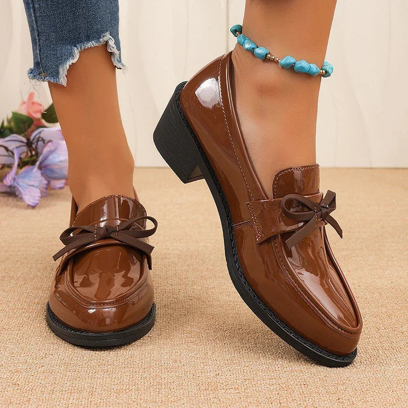 Patent Leather Bowknot Oxford Shoes Women Plus Size 43 Pointed Toe Thick Heel Pumps Woman Elelgant Slip On Pu Leather Shoes 2026