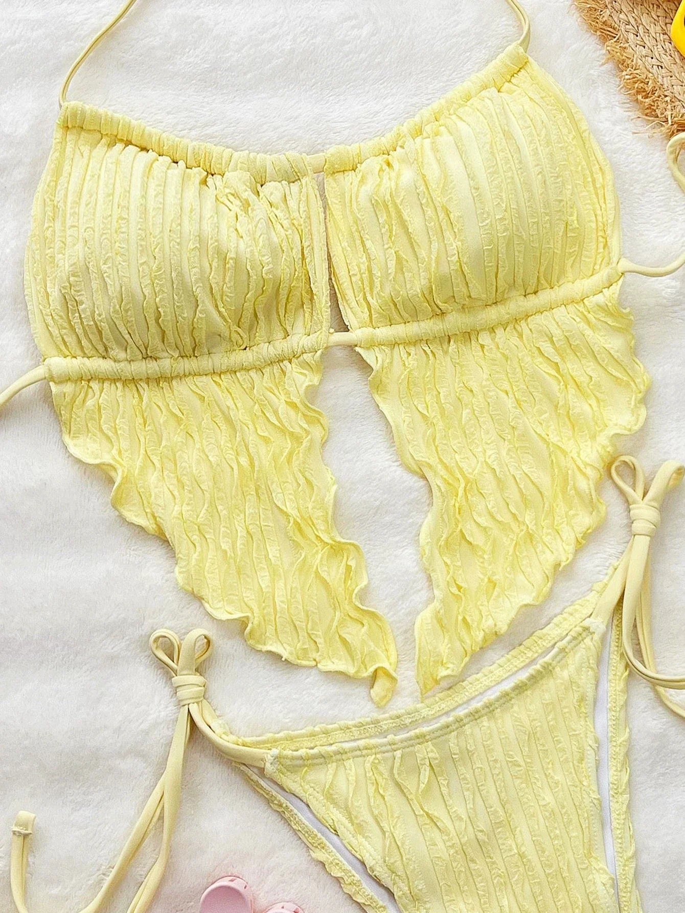 DEKA Yellow Triangle Vest Bikini Set Women String Halter Thong Sexy Swimsuit Heart Bead Swimwear Bathing Suit Lace up Bikinis
