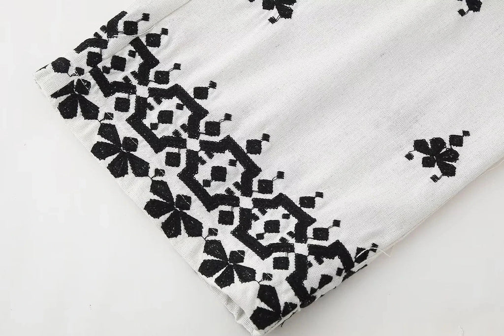 Foridol Geometric Pattern Embroidery Long Pants Women Wide Leg Beige Casual Summer Pants Elastic Waist Drawstring Pants 2025