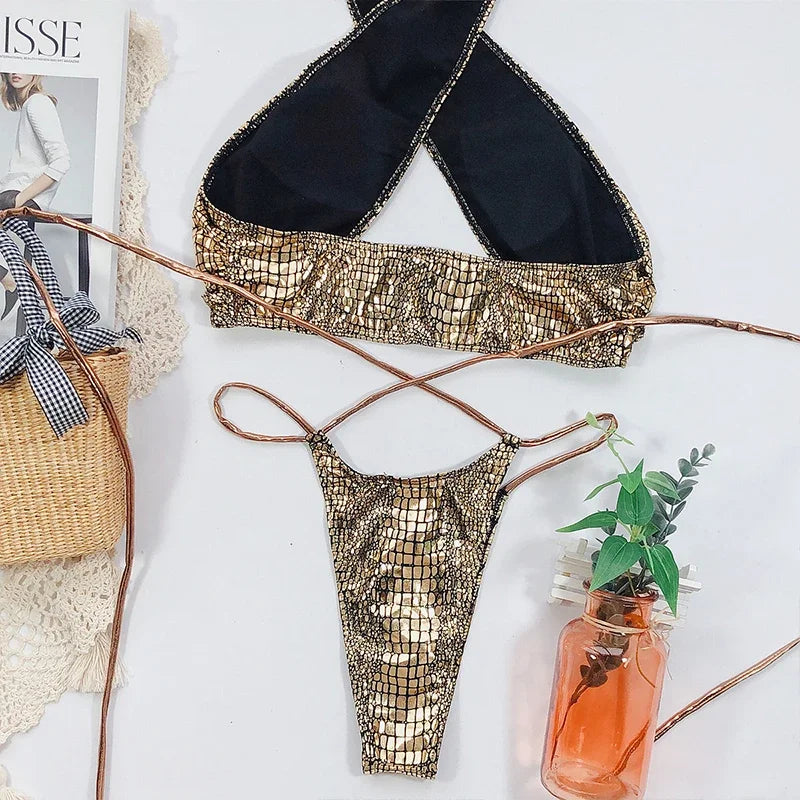 Snake Skin Mini Micro Thong Bikini Women Swimwear Female Swimsuit Two Pieces Bikini Set Halter Wrap Around Bathing Suit Swim