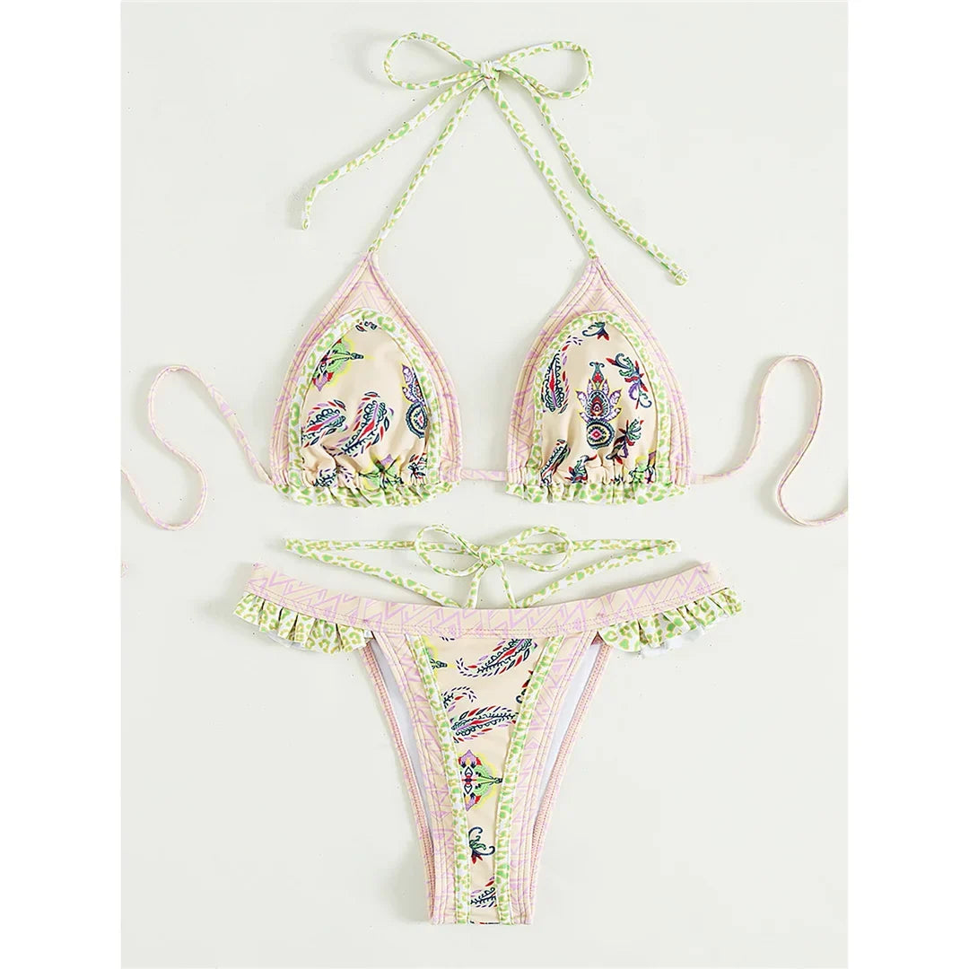 5 Colors Sexy Printed Halter Frilled Bikini Women Swimwear Female Swimsuit Two-Pieces Bikini Set Bather Bathing Suit Swim V4651