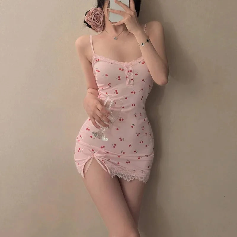 Summer Cherry Pattern Printed Nightgown Suspender Pink Women's Sleep Dress