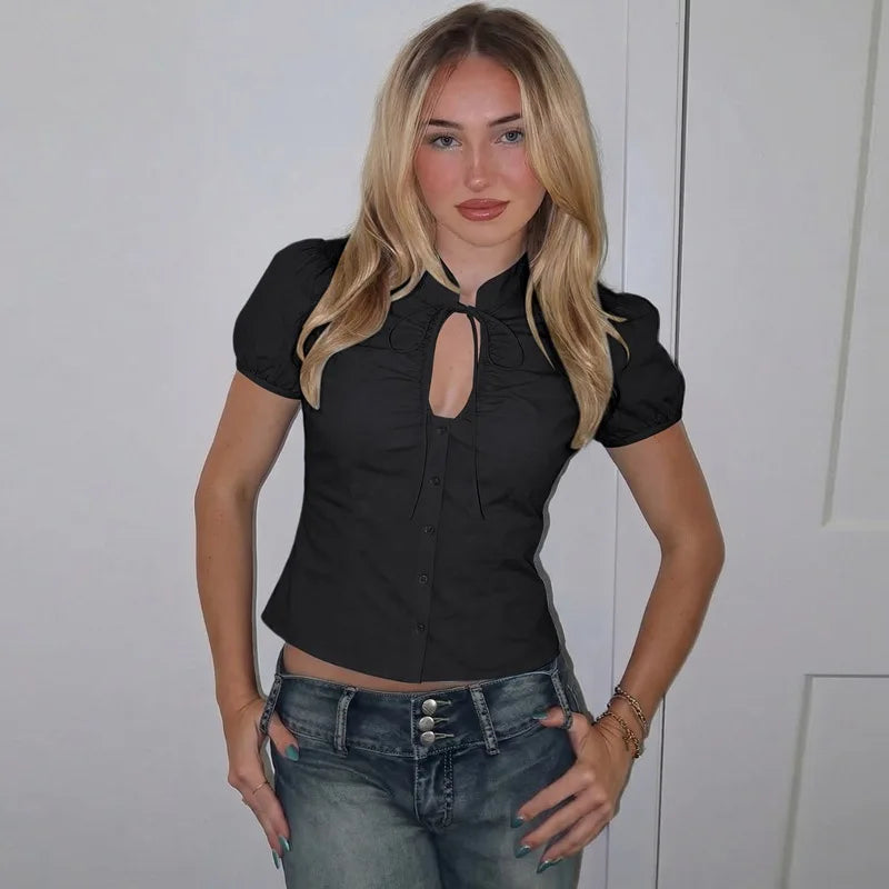 FDYOUI Fashion Stand Collar Lace-up Hollow Out T-shirts Women Chic Short Sleeve Single Breasted Crop Top Folds Solid Tee Shirt