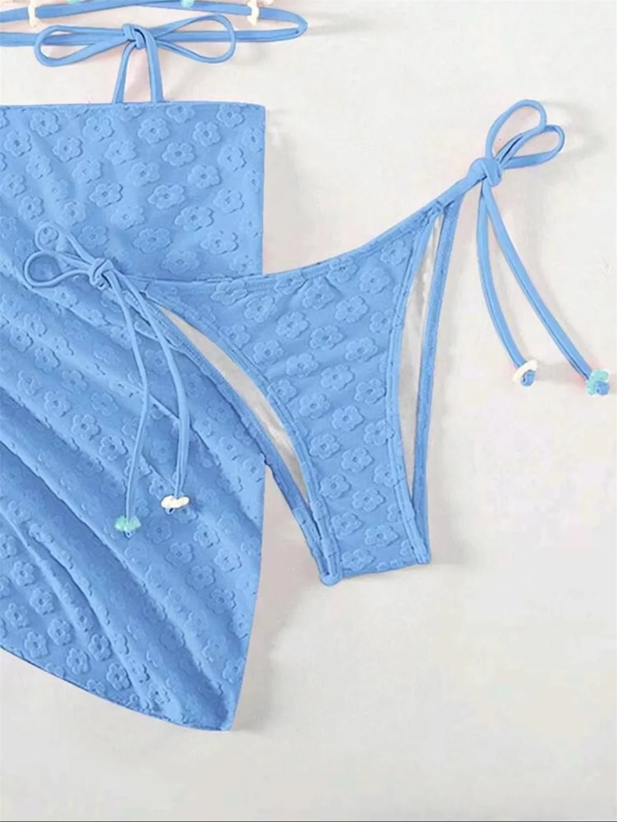 Mesh Skirt Pleated Bikini Set Women Blue White Floral Designer Criss Cross Swimsuit 3 Piece Bathing Suit Cover Up Swimwear 2024