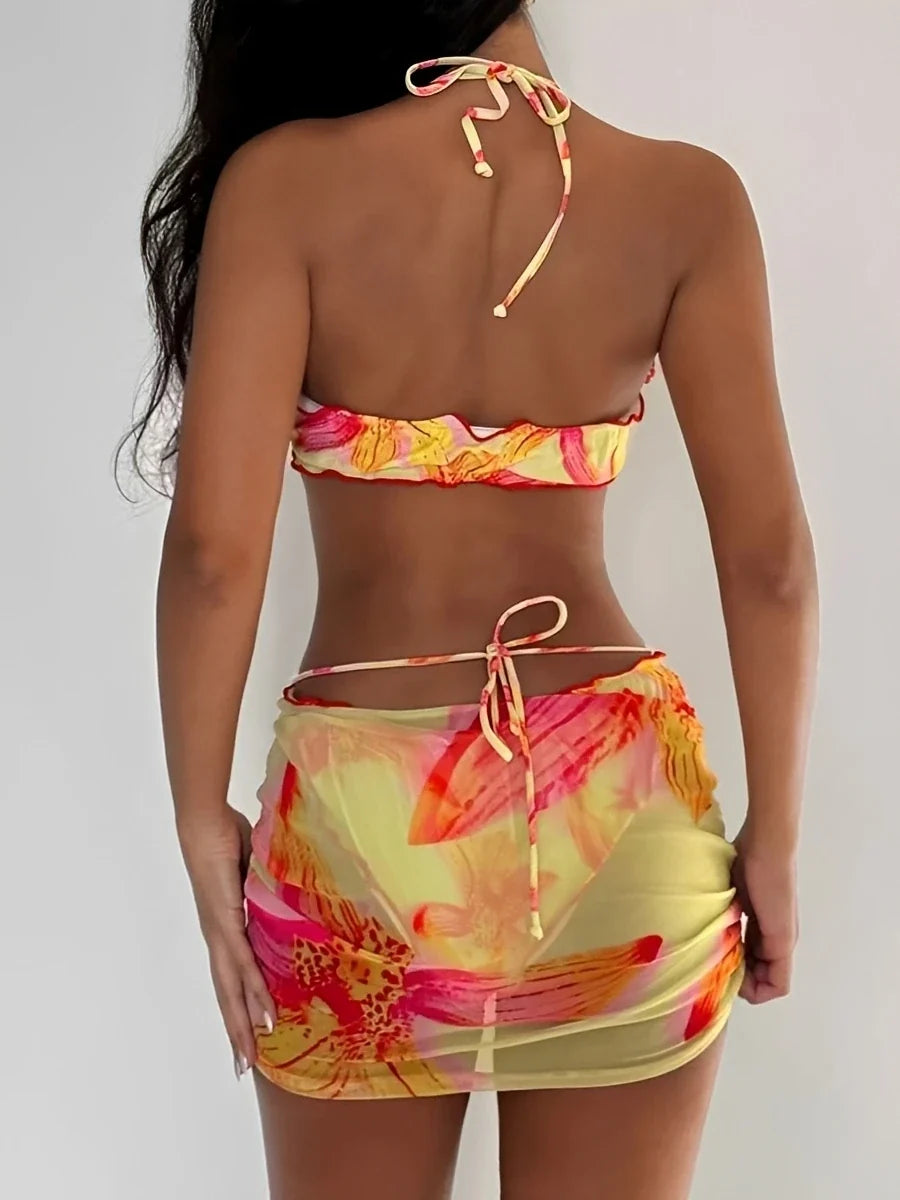 3D Floral Halter Bandeau Bikinis 2026 Padded Swimsuit Women 3 Pieces Swimwear Female Bather Bathing Swimming Swim Suit Beachwear