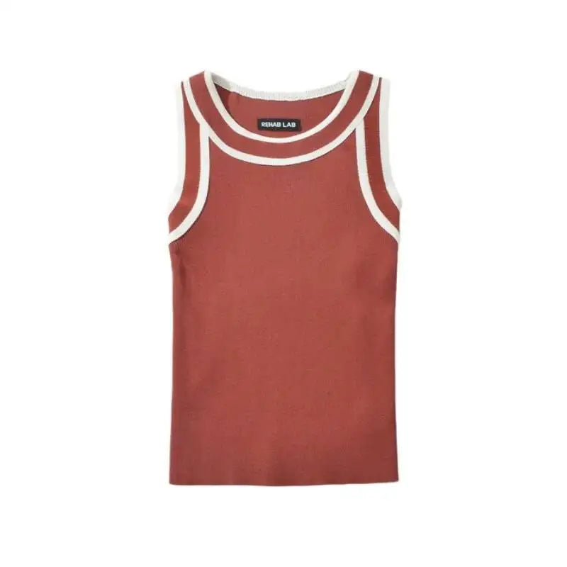 Slim-fit Color-blocked Sleeveless Tank Top For Women Spring Round-neck Slim-fit Hot Girl Knit Short Top Casual Style 77RB