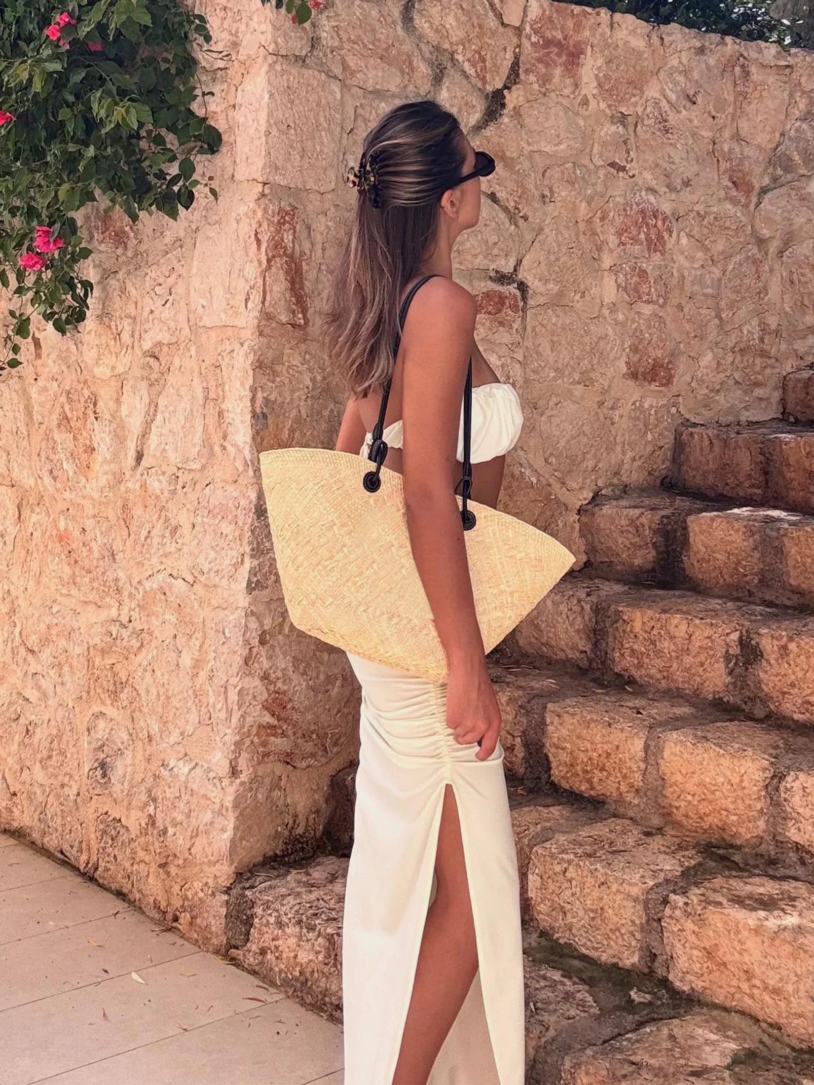 Ruched Bandeau Swimsuit Strapless 3 Piece White Bubble Bikini Sets White High-Cut Maxi Skirt Swimswear Luxury Beach Outfit K264