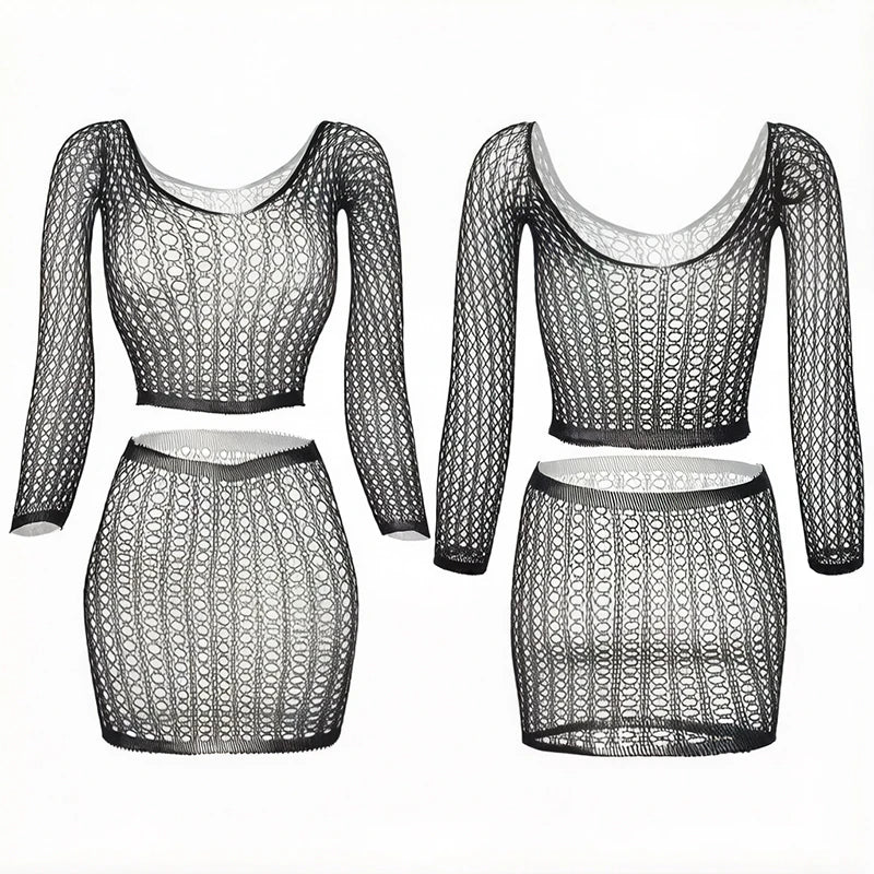 1 Set Women Long Sleeve See-Through Fishnet Cover Up Hollow Out Tassel Bodycon Beachwear Dress