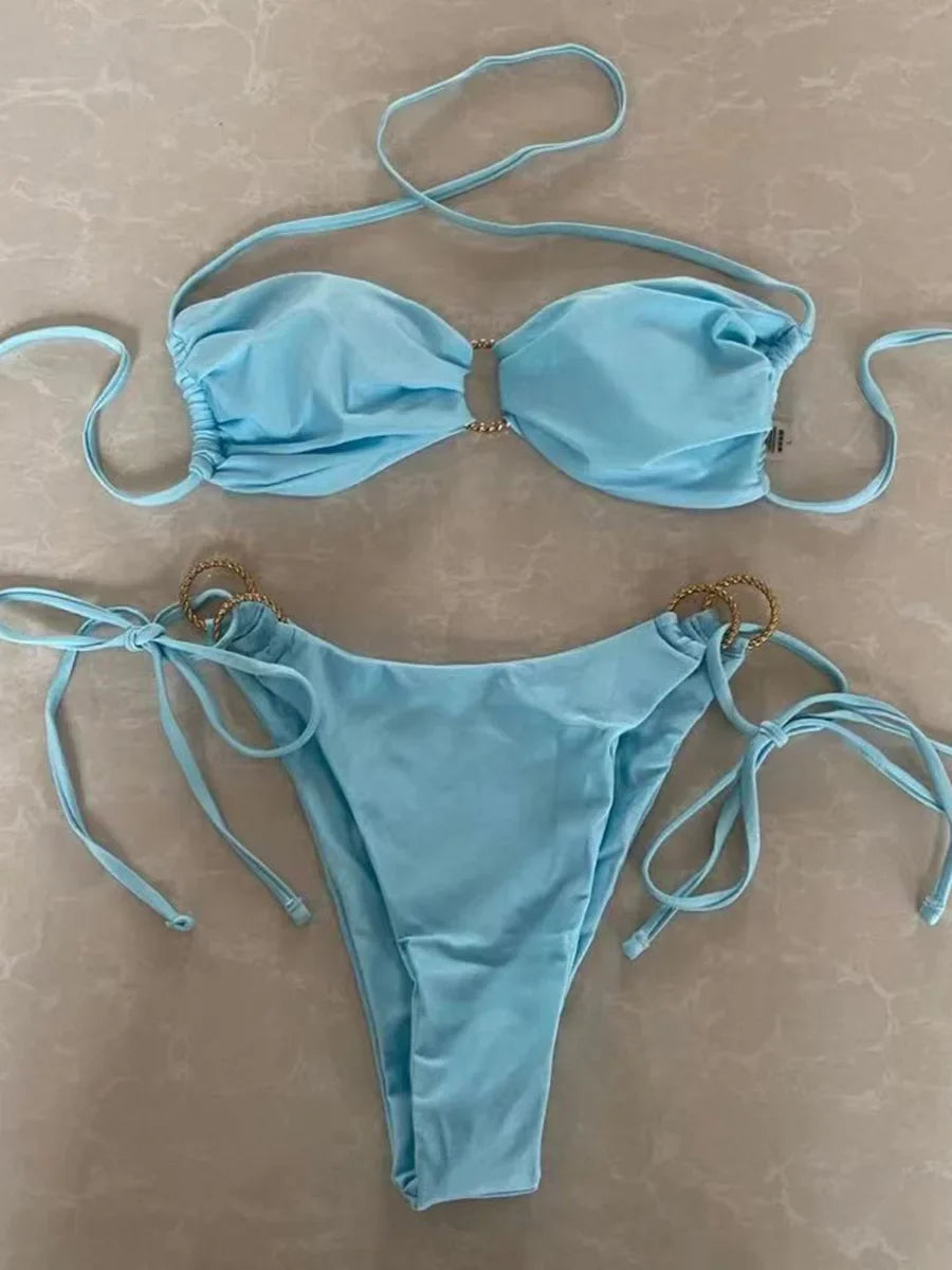 2026 Halter Bikinis Women Padded Swimwear Female Sexy Ring Linked Swimsuit Solid Bathers Bathing Swimming Swim Suit Beachwear