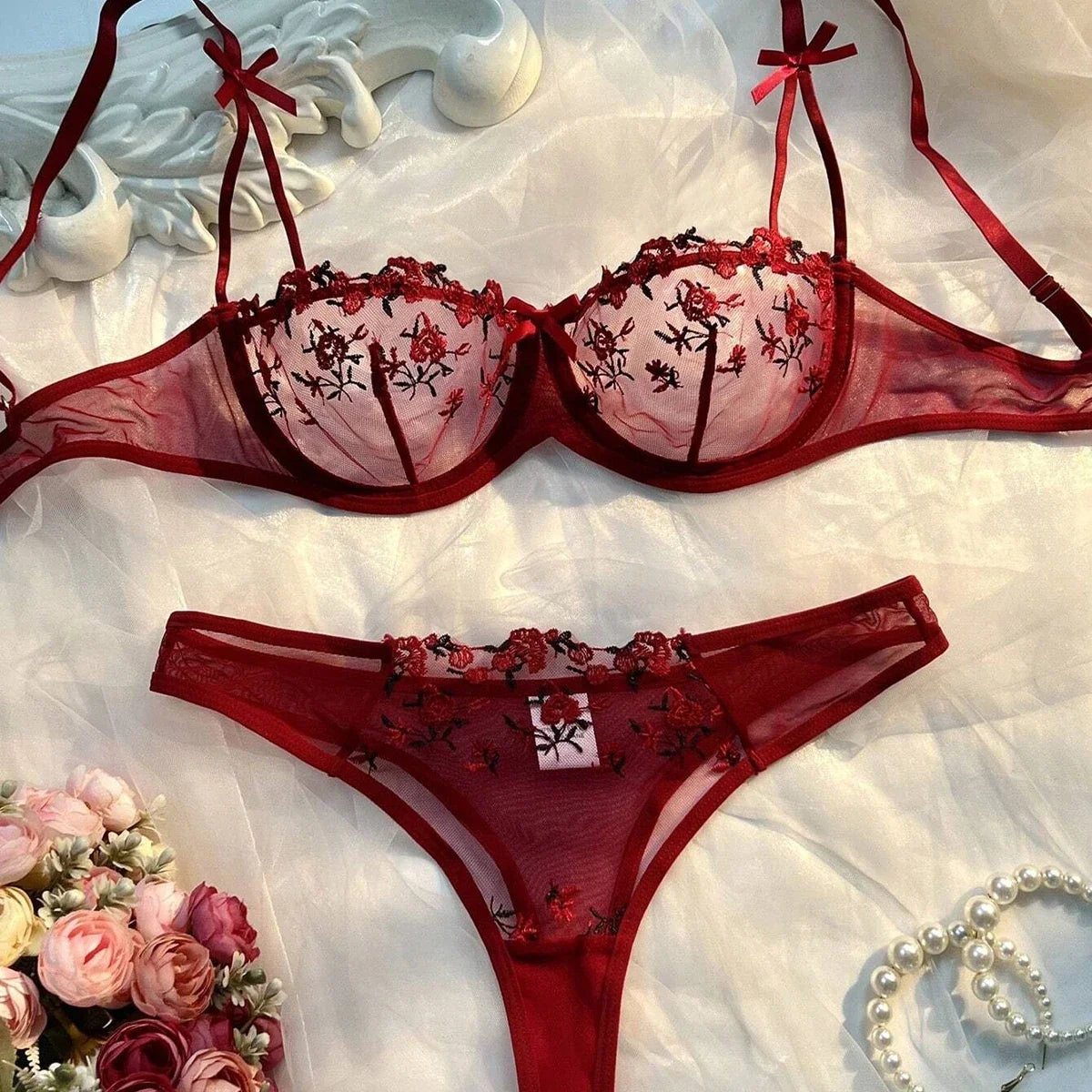New Pink Transparent Bra Women Sheer Temptation Exotic Sexy Lingerie Set Ladies Embroidery Floral Bras Erotic Underwear Sets