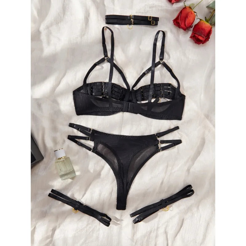 Toucheart Hollow Out 4-piece Sexys Set Transparent Lingerie For Women Underwear See Through Lingerie Sets Female Sexy Costumes
