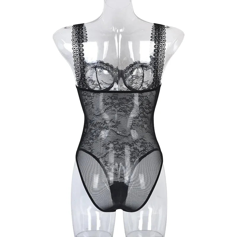 Toucheart Sexy Mesh Patchwork Embroidery Jumpsuit For Women Lace Sling Underwear Solid Color Sexy See-Through Backless Jumpsuit