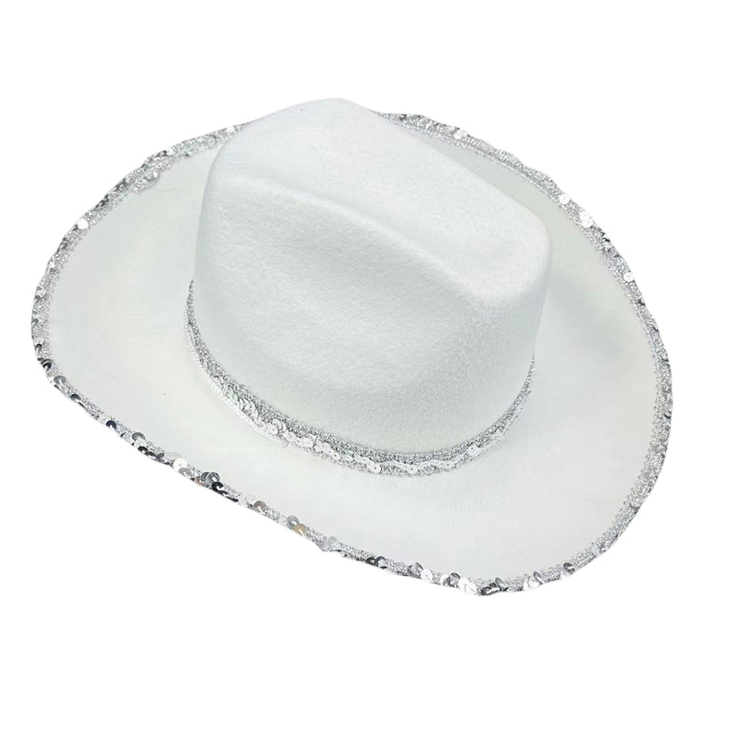 Women Shiny Sequined Wide Brim Cowboy Hat Western Style Sun Cap for Club Party