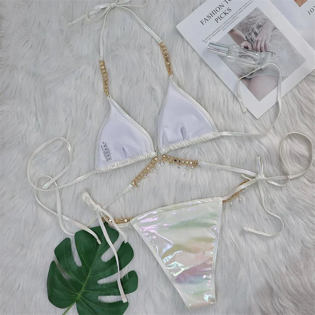 Diamond Rhinestones PU Faux Leather Bikini Female Swimsuit Women Swimwear Two-pieces Bikini Set Bather Bathing Suit Swim V5131