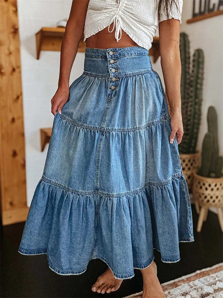 Women Summer Denim Skirt Casual Solid Color Ruffled Hem High Waist A-Line Jeans Skirt for Club Streetwear